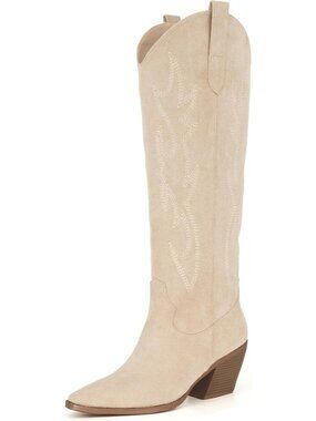 Women's Beige Microsuede Cow Girl Knee High Pointed Toe Block Heel Boots